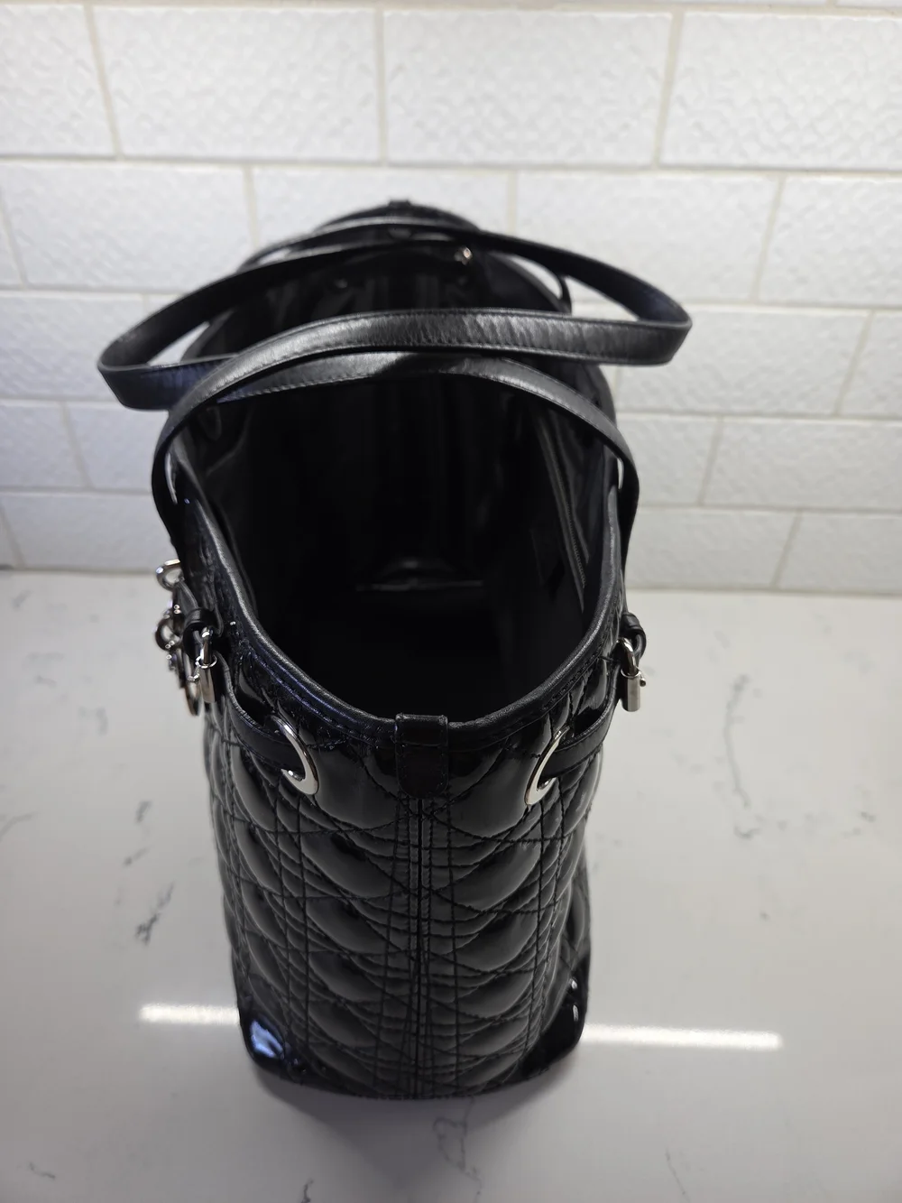 Christian Dior Black Quilted Patent Leather Panarea Medium Tote Bag + COA